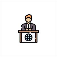 A man in a suit sitting at a podium with a globe icon vector