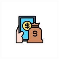 Money bag icon on tablet with money in it vector