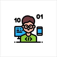 A man with glasses and a computer in front of him vector