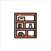A shelf with books and other items on it vector
