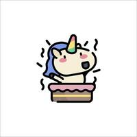 A cartoon unicorn is sitting on top of a cake vector