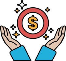 A hand holding a dollar sign with a red circle around it vector