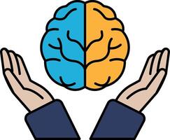 A brain is being held by two hands, with one hand being blue vector