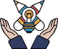 A drawing of a hand holding a light bulb with a rocket in the background vector