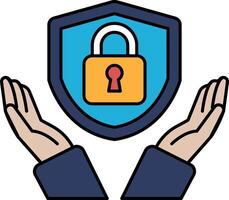 A blue shield with a keyhole in the middle and two hands holding it vector
