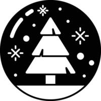 A Christmas tree is shown in a circle with snowflakes falling around it vector