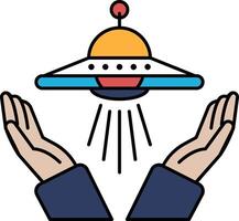 A cartoon drawing of two hands holding up a spaceship vector