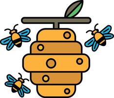 A yellow honeycomb with three bees flying around it vector