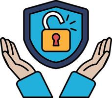 A blue shield with a keyhole in it and two hands holding it vector