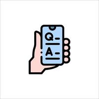 A hand holding a phone with a q - a question mark on it vector