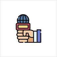 A hand holding a microphone and a globe icon vector