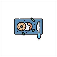 A blue and white icon of a plate with a knife and a slice of bread vector