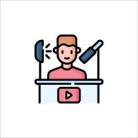 A man is sitting at a desk with a microphone vector