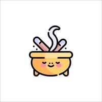 Cauldron with two sticks and a bowl of soup vector