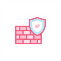 A pink and white icon of a shield and a check mark vector