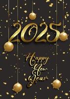 Happy New Year background with golden baubles and confetti design vector
