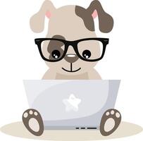 Cute puppy working with laptop vector