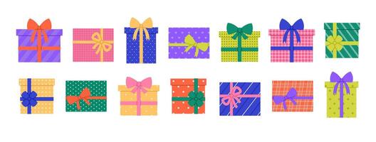 Set of colored gift boxes with different patterns and bows. Present collection in colorful wrapping paper. Birthday, Christmas celebration. Flat illustration isolated on white background vector
