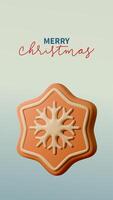 3d cheerful, modern vertical illustration featuring a snowflake shaped cookie on a soft gradient background. With the text Merry Christmas in elegant typography. illustration vector
