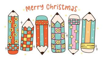 Group of Groovy Christmas Pencils Retro Hand Drawn Cartoon Doodle with Festive Vibes vector