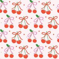 Retro Playful Coquette Seamless Pattern Red Cherries with Ribbon bow Minimal isolated on background vector