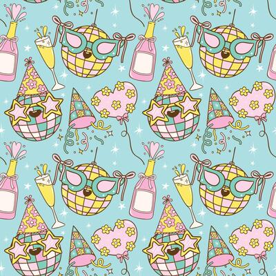 Festive Seamless Pattern Party Disco Ball New Year and Birthday cartoon doodle isolated on background
