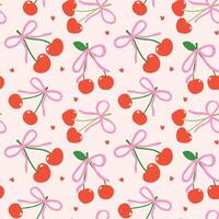Retro Playful Coquette Seamless Pattern Red Cherries with Pink bow Minimal isolated on background vector