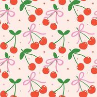 Retro Coquette Seamless Pattern Playful Red Cherries with Pink bow Minimal isolated on background vector