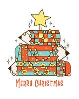 Groovy Retro Christmas Pencil Tree HandDrawn Cartoon Doodle with Festive Vibes Red and Mint color vector