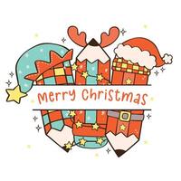 Groovy Christmas Pencils Split Frame Name Monogram Cartoon Doodle with Festive Vibes vector