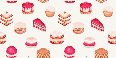 Playful seamless pattern featuring various delicious desserts like cakes, macarons, and pastries in soft pastel tones. Design for wrapping paper, bakery packaging, fabric designs, and cafe decor. vector