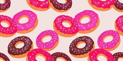 Seamless pattern featuring colorful donuts with chocolate, pink, and white frosting, sprinkled with toppings. Design perfect for bakery-themed projects, packaging, or textile designs vector