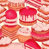 Seamless pattern featuring a variety of decadent desserts like layer cakes, cupcakes, and pastries in shades of pink and cream. Design for bakery branding, fabric designs, or packaging vector