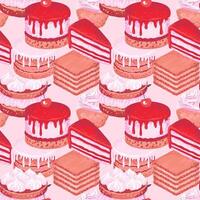 Seamless pattern featuring a variety of decadent desserts like layer cakes, cupcakes, and pastries in shades of red and beige on a soft pink background. Design for bakery branding, fabric designs vector