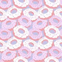 Seamless pattern featuring pastel donuts topped with sprinkles on a soft blue background. Perfect repeated print for bakery packaging, cafe decor, food-themed designs, wrapping paper vector