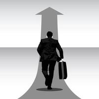 Business man wearing suit carrying briefcase running along an arrow, running up to the success goal, flat illustrations. vector