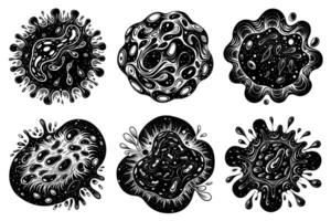 Fluid and Surreal Amoebic Water Shape Surrounded by Delicate Droplets in Black and White vector
