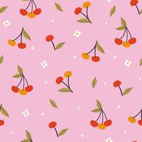 Seamless pattern with cherries, flowers and petals on a pink background. graphics. vector