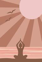 Abstract poster with a silhouette of a girl doing yoga against the backdrop of the ocean and sun. vector