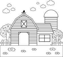 Barn in the farm with farmhouse, fence and orchard trees. Countryside background with farmer house, apple and lemon trees garden. Black and white coloring page. vector