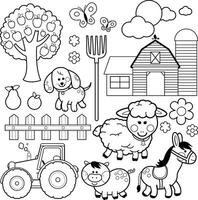 Happy cute animals at the farm in the garden field with tractor, barn, fence and apple tree. Set of farm animals. Black and white coloring page. vector