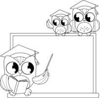 Cute owl teacher with a mortarboard hat, and student owls in the school classroom. Owl bird wise professor teaching in front of the chalkboard. Black and white coloring page. vector