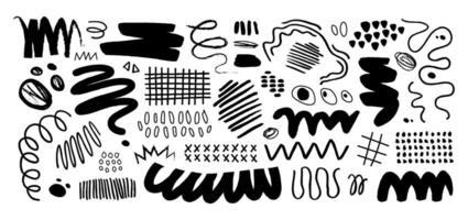 Abstract shapes, brushes, strokes, spots, big set of design elements, clipart. Hand drawn geometric lines and objects vector