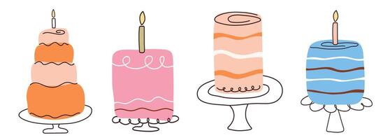 Cake set with candles in flat style. Cakes with hand drawn lines. Slices sweet desserts for birthday, invitation, jubilee, poster. Cute isolated illustration on white background vector