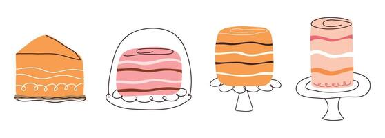 Cake set with candles in flat style. Slices sweet desserts for birthday, invitation, jubilee, poster. Cakes with hand drawn lines. Cute isolated illustration on white background vector