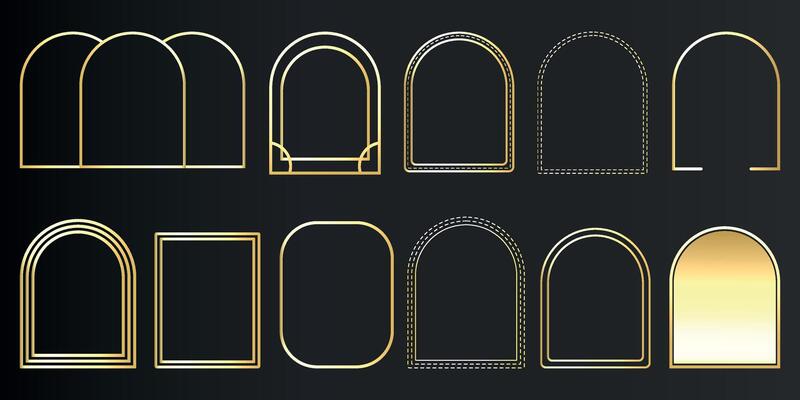 Luxury gold frame set in art deco, Islamic style. Elements for vip card, wedding invitation. Collection elegant geometric shape. Premium golden arch on black background. Isolated illustration.