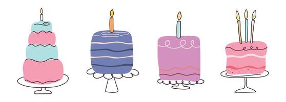 Cake set with candles in flat style. Cakes with hand drawn lines. Slices sweet desserts for birthday, invitation, jubilee, poster. Cute isolated illustration on white background. vector