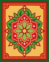 Traditional mandala green and red yellow ornament square type, symetric mandala ornament background for packaging, design pattern vector