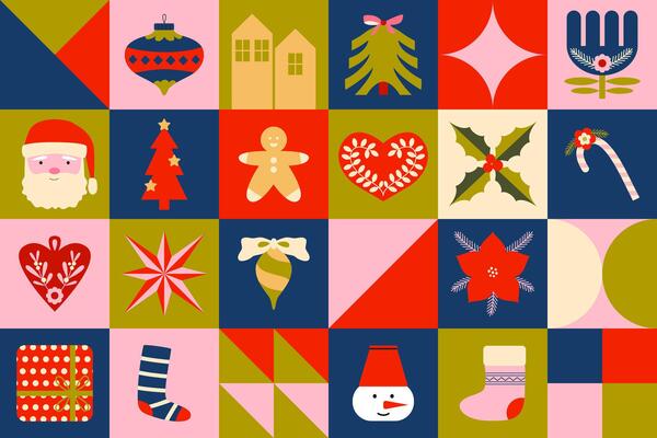 Modern vintage geometric Christmas seamless background. Christmas and New year icons. Retro pattern, banner, cover, backdrop, wrapping paper. .