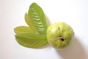 Pink guava with green leaves and slices isolated on white background, top view, flat. photo